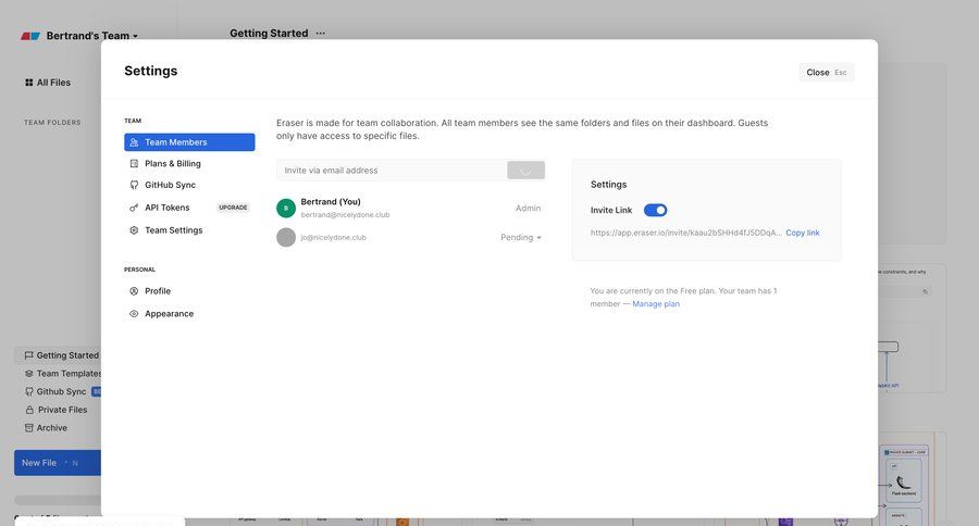 Eraser
			settings team management invite teammate collaboration settings team collaboration sidebar navigation user management account setup user settings user data sidebar settings modal ui page example
