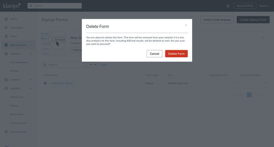 Klaviyo
			 delete form data management e-commerce sidebar navigation delete dropdown filters sidebar table pagination newsletter signup ui page example
