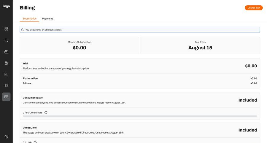 Lingo
			plans & pricing (in app) billing dashboard account management account settings subscription management full-screen layout payment history alert ui page example