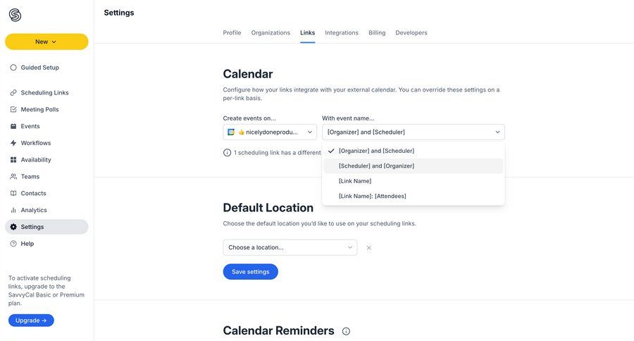 SavvyCal
			 configuration settings sidebar navigation form hierarchical content sidebar menu modern ui page example