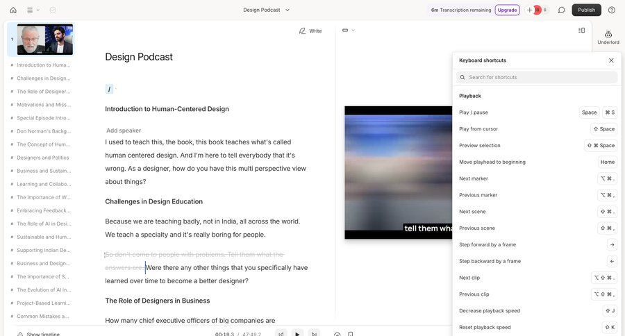 Descript
			content editor keyboard shortcuts video editor call transcript call to action keyboard shortcuts shortcuts hotkeys quick actions quick keys transcript ui page example