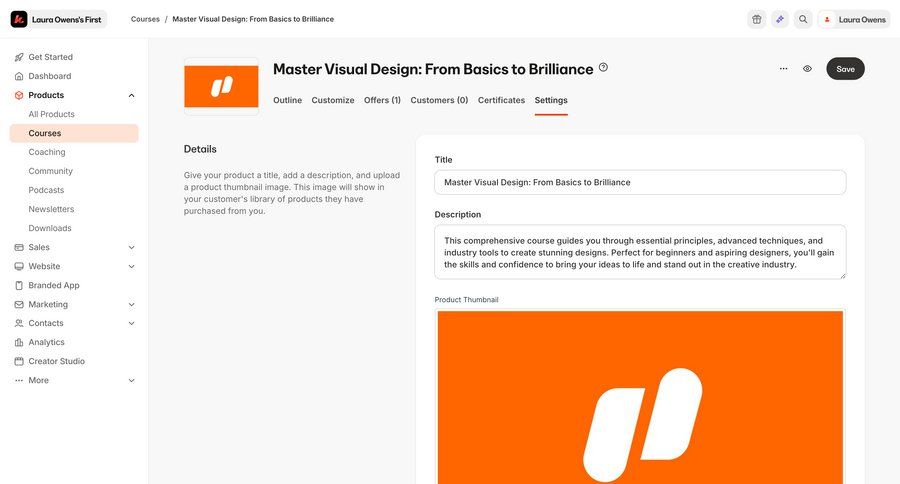 Kajabi
			 settings form upload image save changes call recording product details ui page example