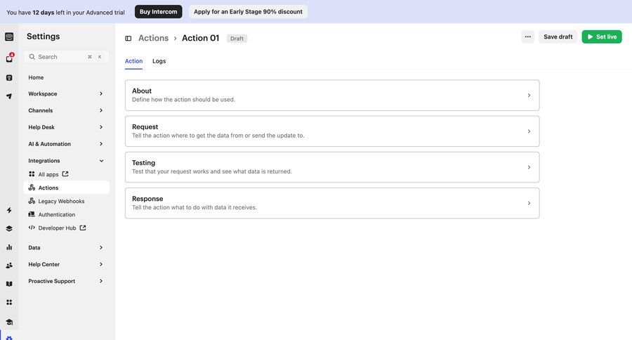 Intercom
			 configuration settings sidebar navigation automation workflow automation integration management workflow configuration call to action sidebar setup modern accordion ui page example