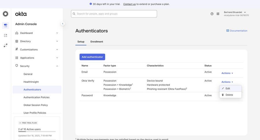 Okta
			 security configuration trial banner ui page example