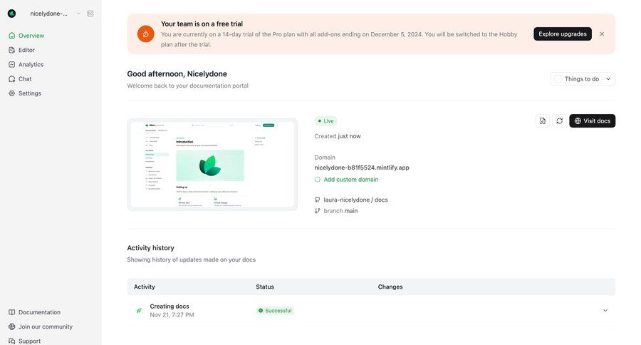 Mintlify
			 content management dashboard sidebar navigation project management onboarding dashboard overview sidebar menu recent activity social feed newsfeed activity stream documentation modern table version history global search markdown editor project dashboard ui page example
