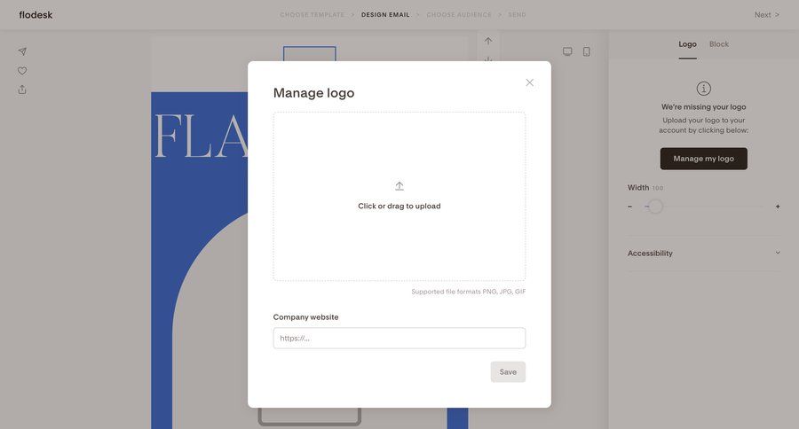Flodesk
			 settings onboarding form editor drag and drop upload image file upload modal wysiwyg file uploader upload file upload media upload documents announcement ui page example