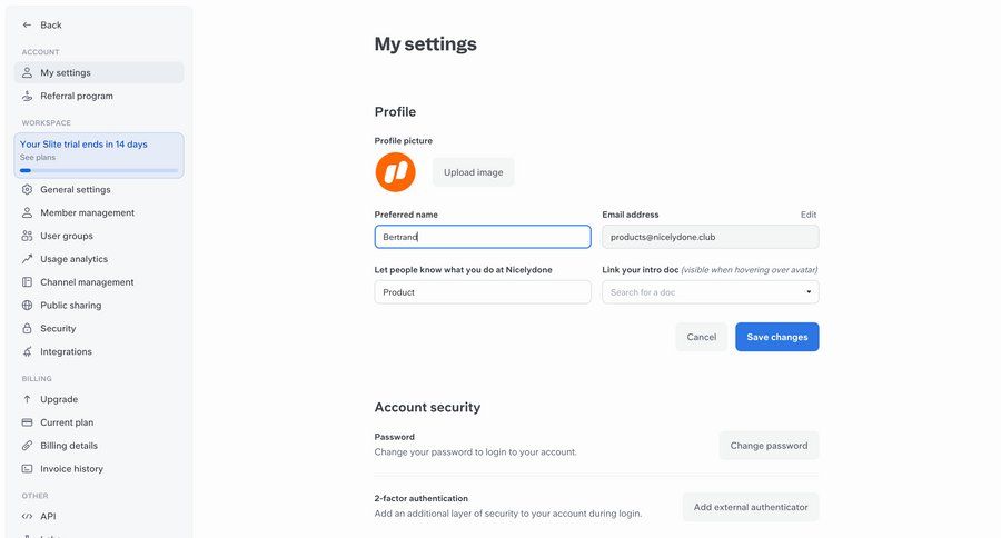 Slite
			 settings sidebar navigation account management form account security profile settings account settings authentication change password ui page example