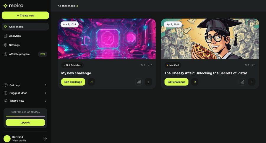 Meiro
			list collection settings content management settings dashboard grid user account rounded corners sidebar user profile create menu progress bar affiliate program analytics ui page example