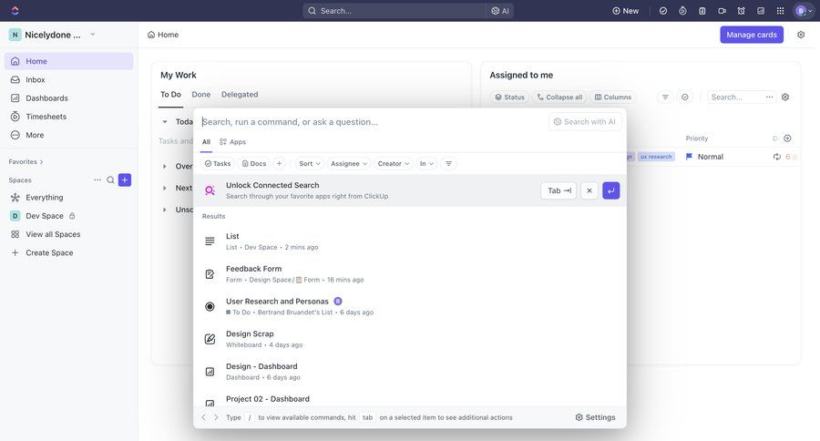 ClickUp
			command palette task management project management rounded corners dropdown filters task management dashboard search results ui page example