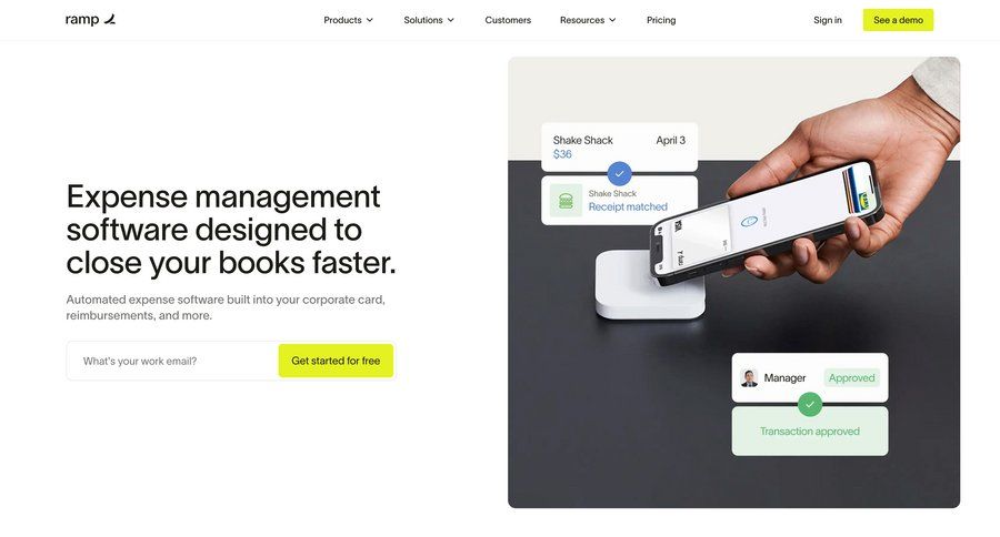 Ramp
			 virtual assistant features management call to action features cards ui download report pricing calculator ui page example