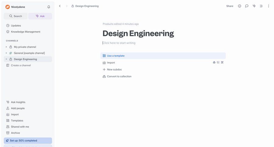 Slite
			 collaboration document editing document creation knowledge management sidebar menu ui page example