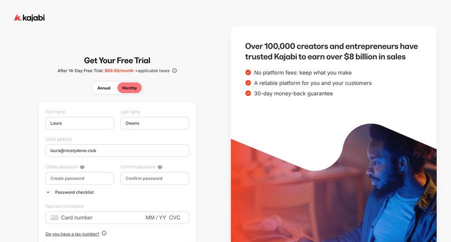 Kajabi
			 form split screen account creation trial checkout free trial free account cancel trial auth signup create new account register ui page example