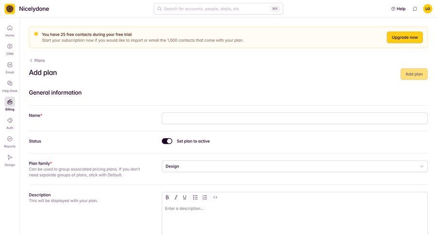 Outseta
			 settings form subscription management form layout free trial create payment options ui page example