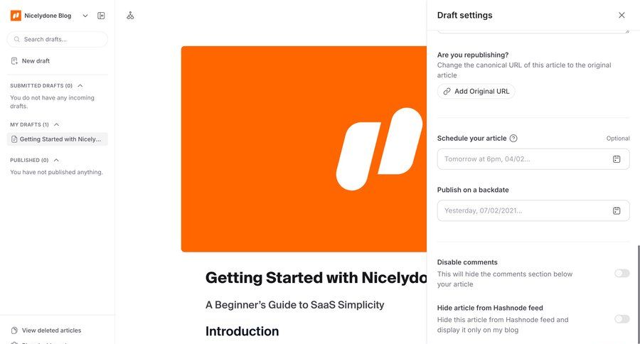 Hashnode
			 content management form editor blog management content scheduling getting started wysiwyg sidebar date picker blog post version control ui page example