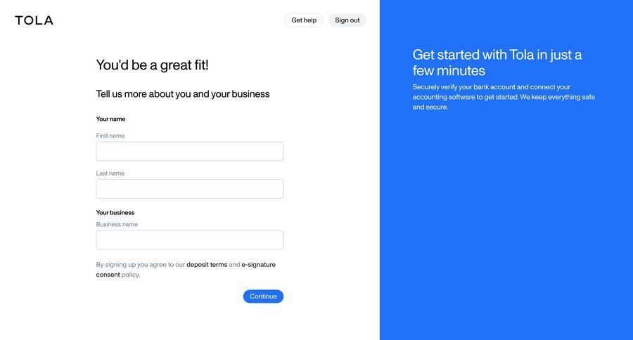 Tola
			 account management onboarding form fintech user authentication split screen account creation signup create new account register ui page example