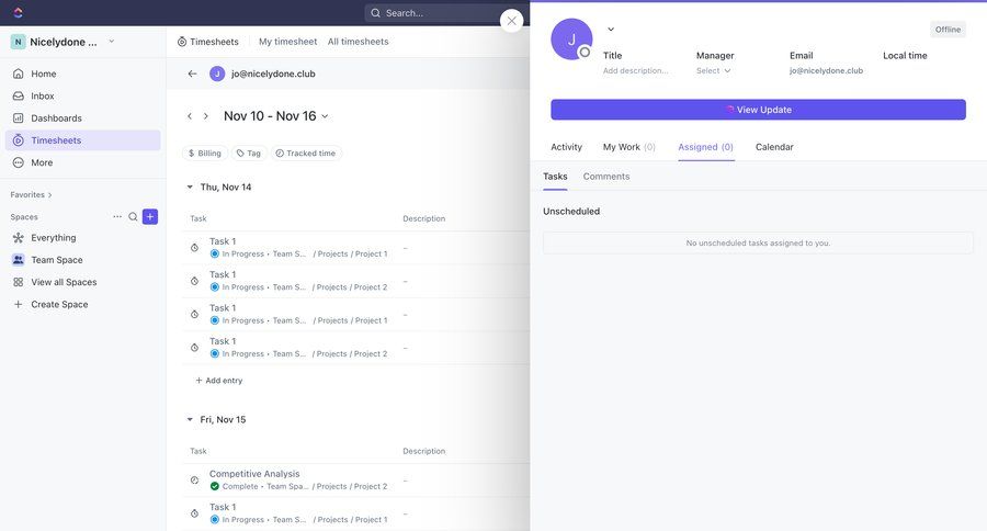ClickUp
			 task management team collaboration sidebar navigation project management split view data display sidebar user profile user time management ui page example