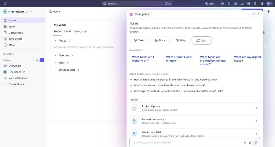 ClickUp
			 task management project management artificial intelligence conversational ui sidebar features modern search suggestions contextual help suggestion ui page example