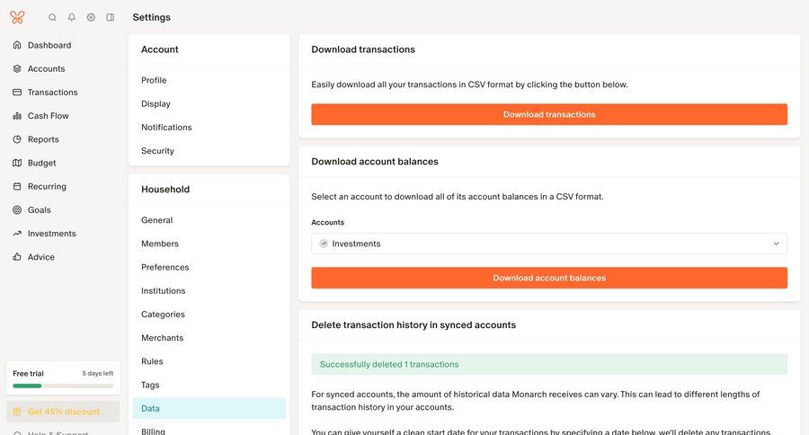 Monarch
			 data management configuration settings account management grid form data export finance progress indicator account settings trial banner bulk delete billing history parameters date picker transaction history download report toast notification data privacy ui page example