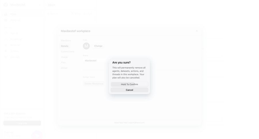 Lemni
			 settings account management delete confirmation modal dialog account settings account deletion cancel deletion inbox call intelligence confirmation message ui page example