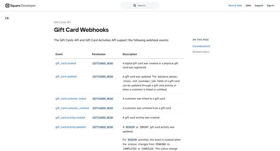 Square
			 e-commerce documentation docs cards ui table webhook integration ui page example