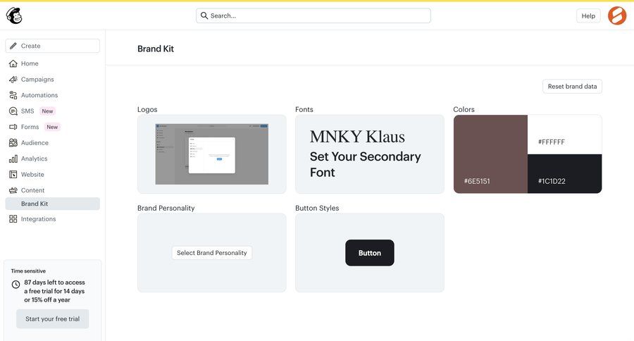 Mailchimp
			settings brand resources account settings workspace settings trial banner ui page example