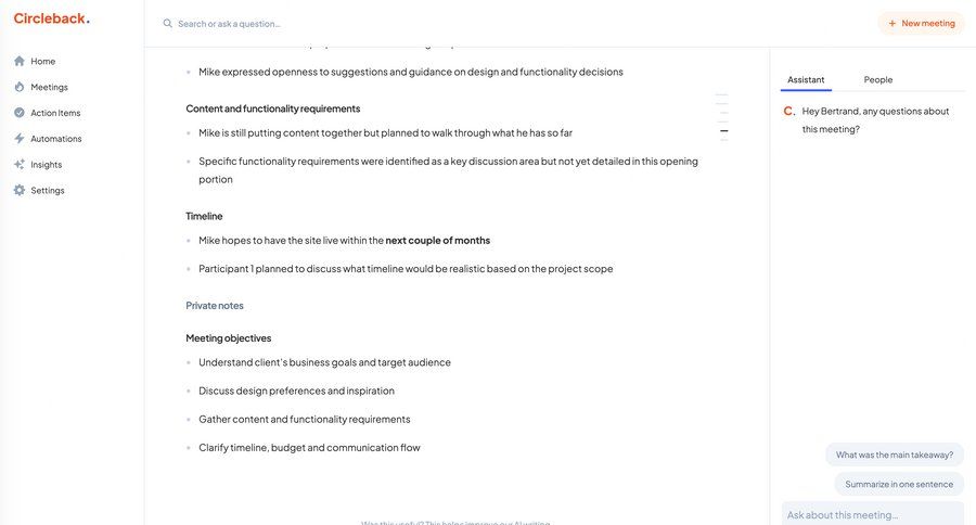 Circleback
			 collaboration sidebar navigation review meeting ui page example