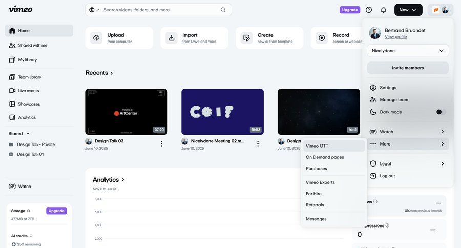Vimeo
			 content management dashboard sidebar navigation account management grid onboarding account setup analytics dashboard account settings user data navigation menu menu progress bar analytics card layout ui page example