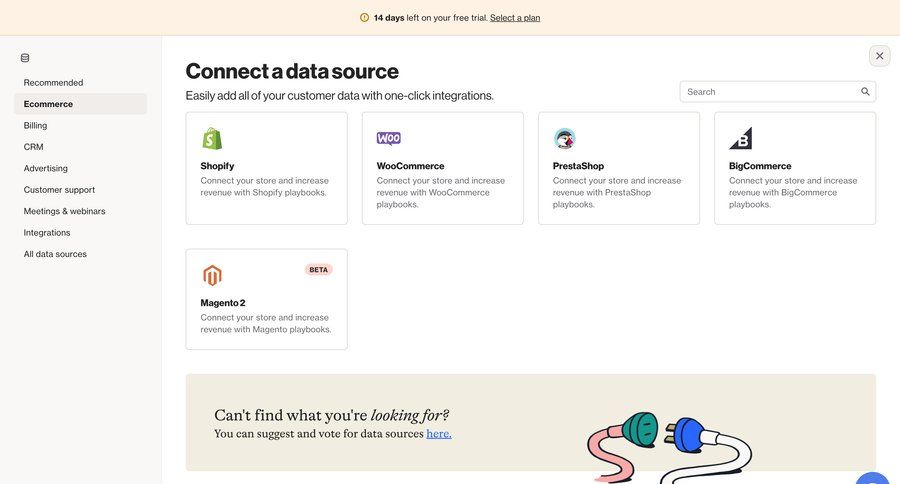 Ortto
			 data management e-commerce grid account setup account settings trial banner search bar ui page example