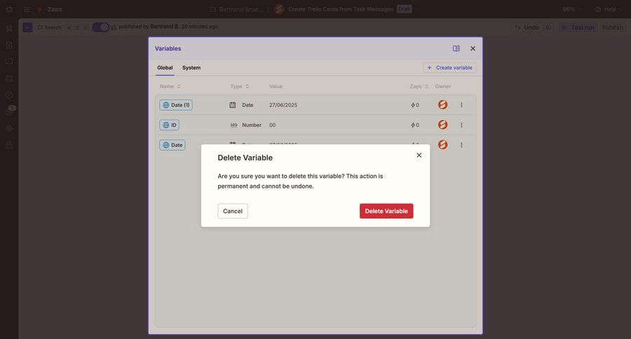 Zapier
			modal & popover delete warning state data management configuration settings table ui page example