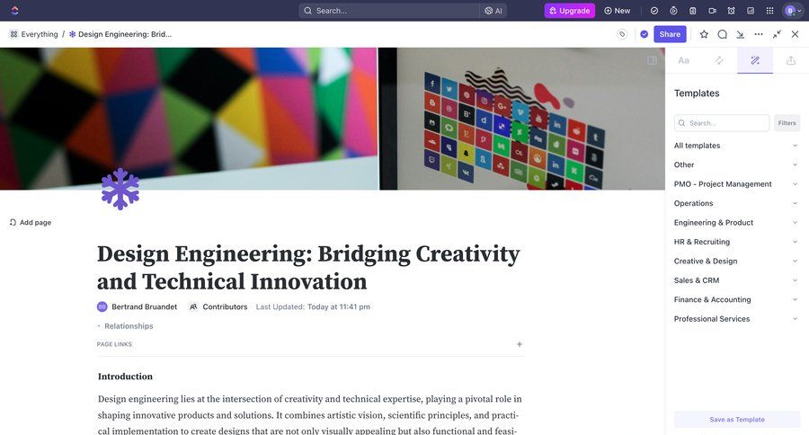 ClickUp
			 content management sidebar navigation design templates template library document management document creation template selection dropdown filters sidebar update modern ui page example