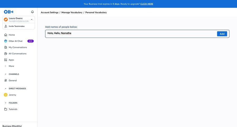 Otter
			 settings sidebar navigation account management form account setup user settings account settings navigating settings trial checkout sidebar tips voice meeting ui page example