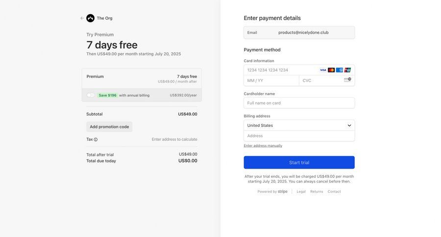The org
			checkout form plans & pricing (in app) upgrade your account form free trial ui page example