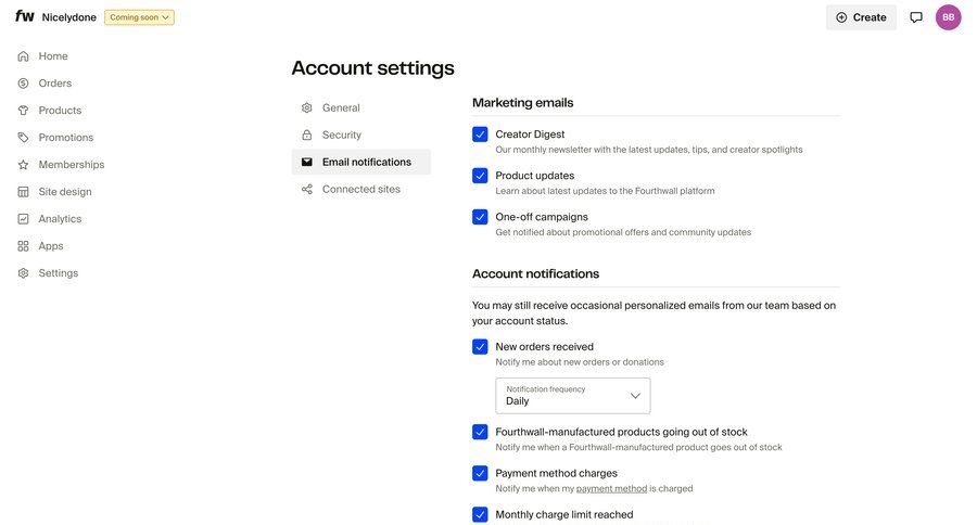 Fourthwall
			settings account settings notification settings settings e-commerce account management onboarding account setup sidebar configuration screen notification settings ui page example