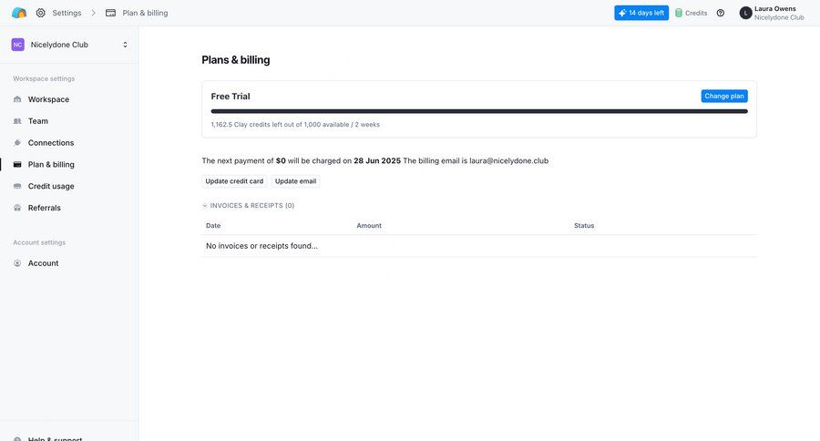 Clay
			 settings account management account settings subscription management free trial sidebar progress bar table ui page example