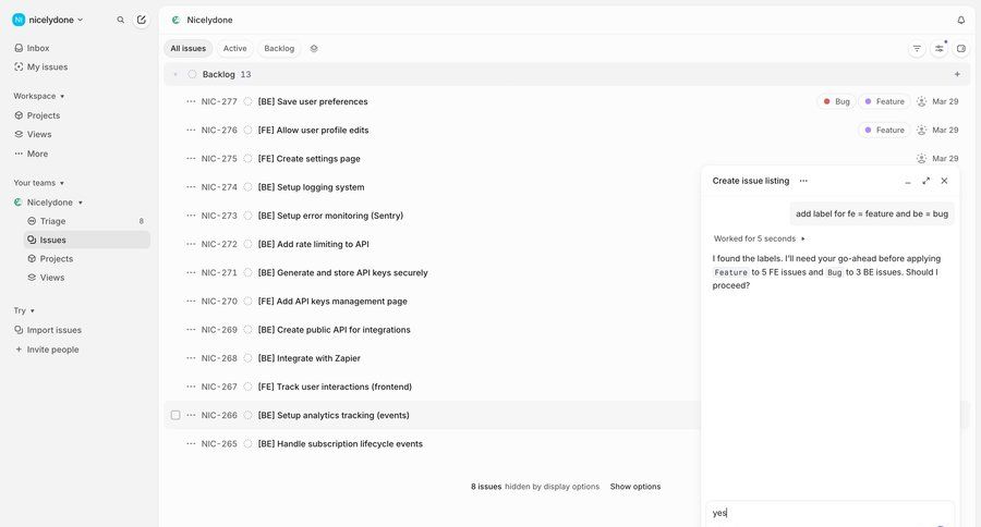Linear
			 task management bulk edit ui page example