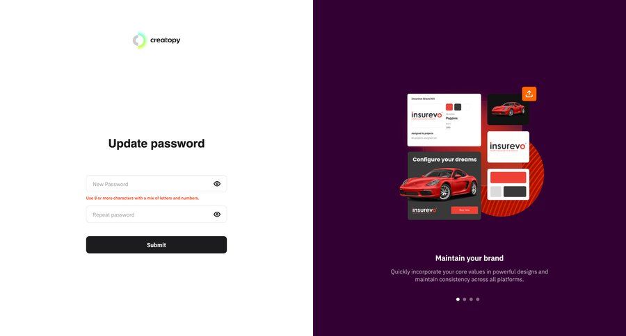 Creatopy
			 settings account management form account settings password management password update update ui page example