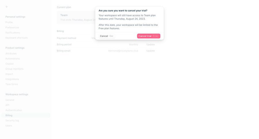 Height
			confirmation cancel subscription settings account management account settings subscription management full screen modal free plan cancel trial sidebar keyboard shortcuts email confirmation payment confirmation confirmation message ui page example