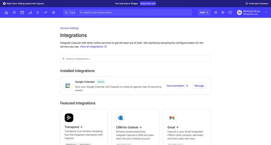 Capsule
			 settings grid account settings integration management ui page example