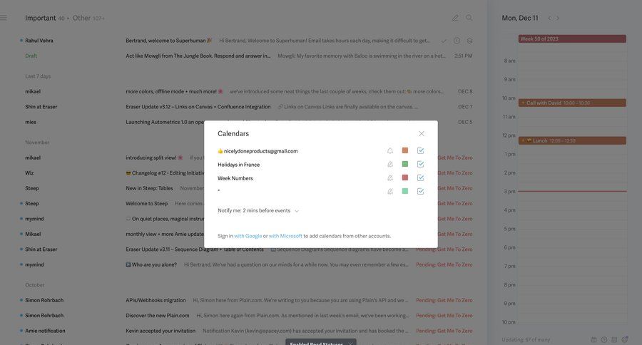 Superhuman
			 email management email calendar screen coming soon integration offline mode ui page example