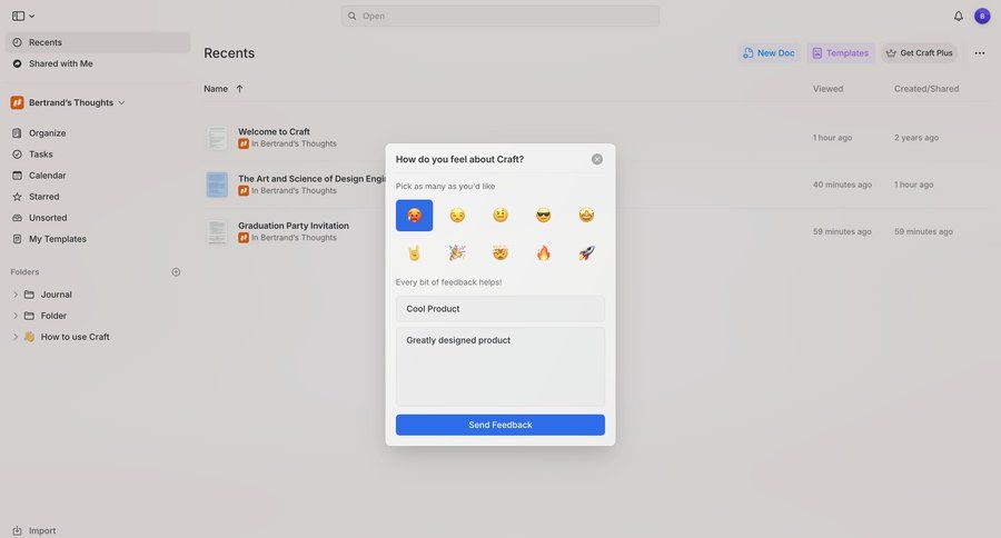 Craft
			list modal & popover share feedback dashboard form modal dialog feedback collection sidebar ui page example