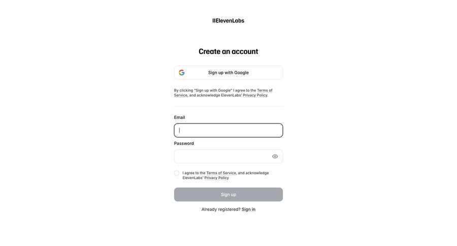 Elevenlabs
			 account creation ui page example