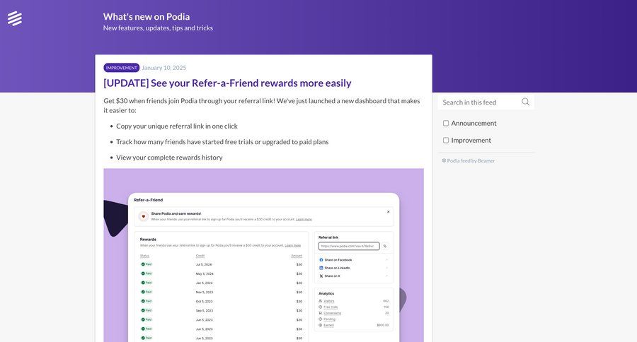 Podia
			changelog changelog update ui page example