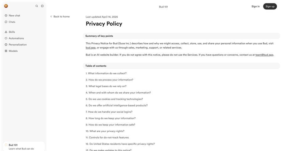 Bud
				privacy policy ui page example