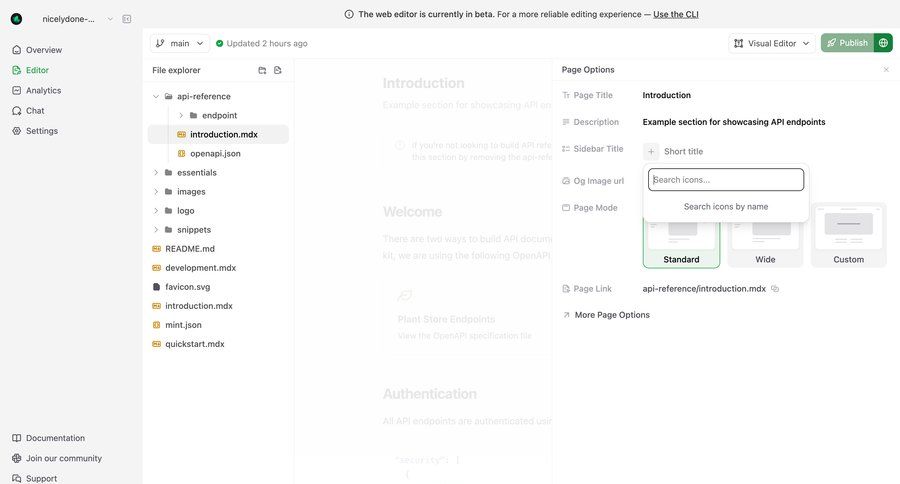 Mintlify
			 content management sidebar navigation editor file upload sidebar settings modal ui page example