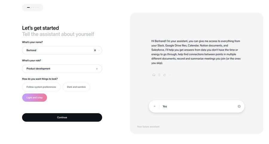 Sana
			 artificial intelligence onboarding form account setup split screen progress indicator conversational ui virtual assistant setup ui page example