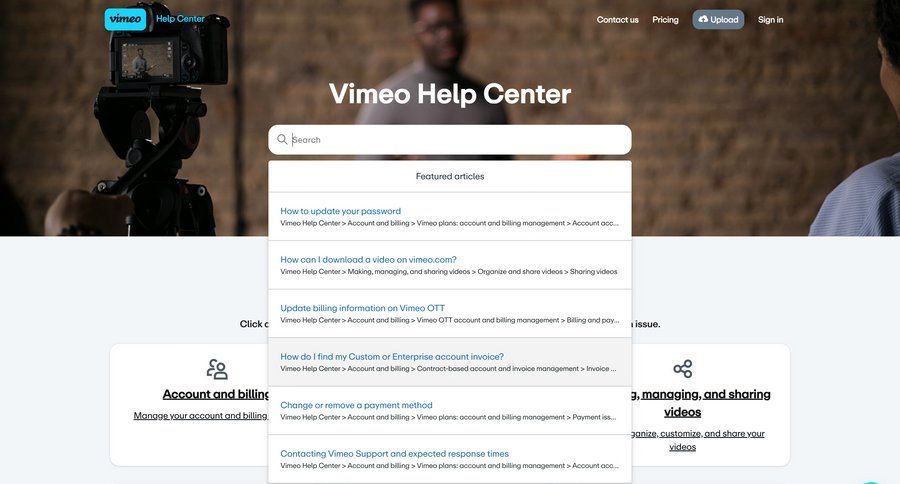 Vimeo
			 knowledge base search suggestions customer support ui page example