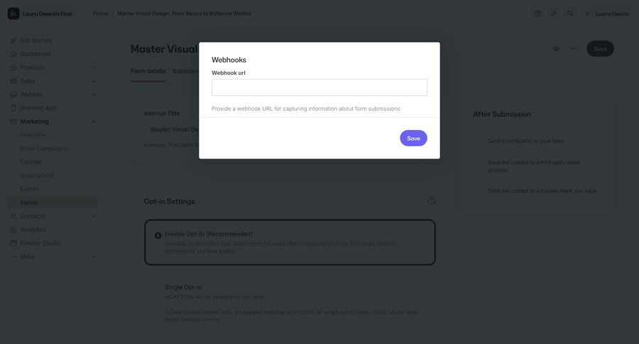 Kajabi
			 configuration settings sidebar navigation form modal interaction webhook integration ui page example