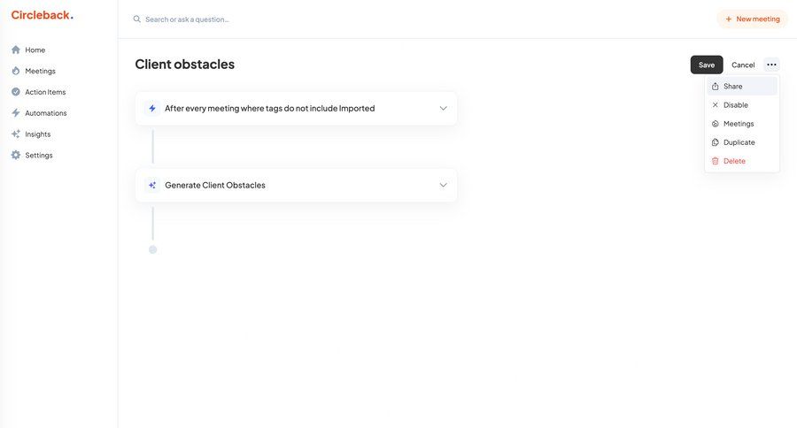 Circleback
			 settings project management delete sidebar menu duplicate meeting configuration screen ui page example