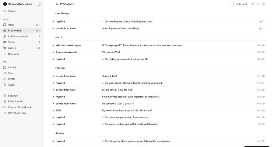 Notion Mail
			 sidebar navigation automation email management email inbox sidebar lists communication date filter news feed controls ui page example