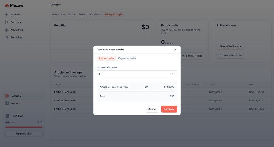 Macaw
			 settings sidebar navigation account management grid modal dialog free plan payment history billing history credits sidebar progress bar table pay bill ui page example
